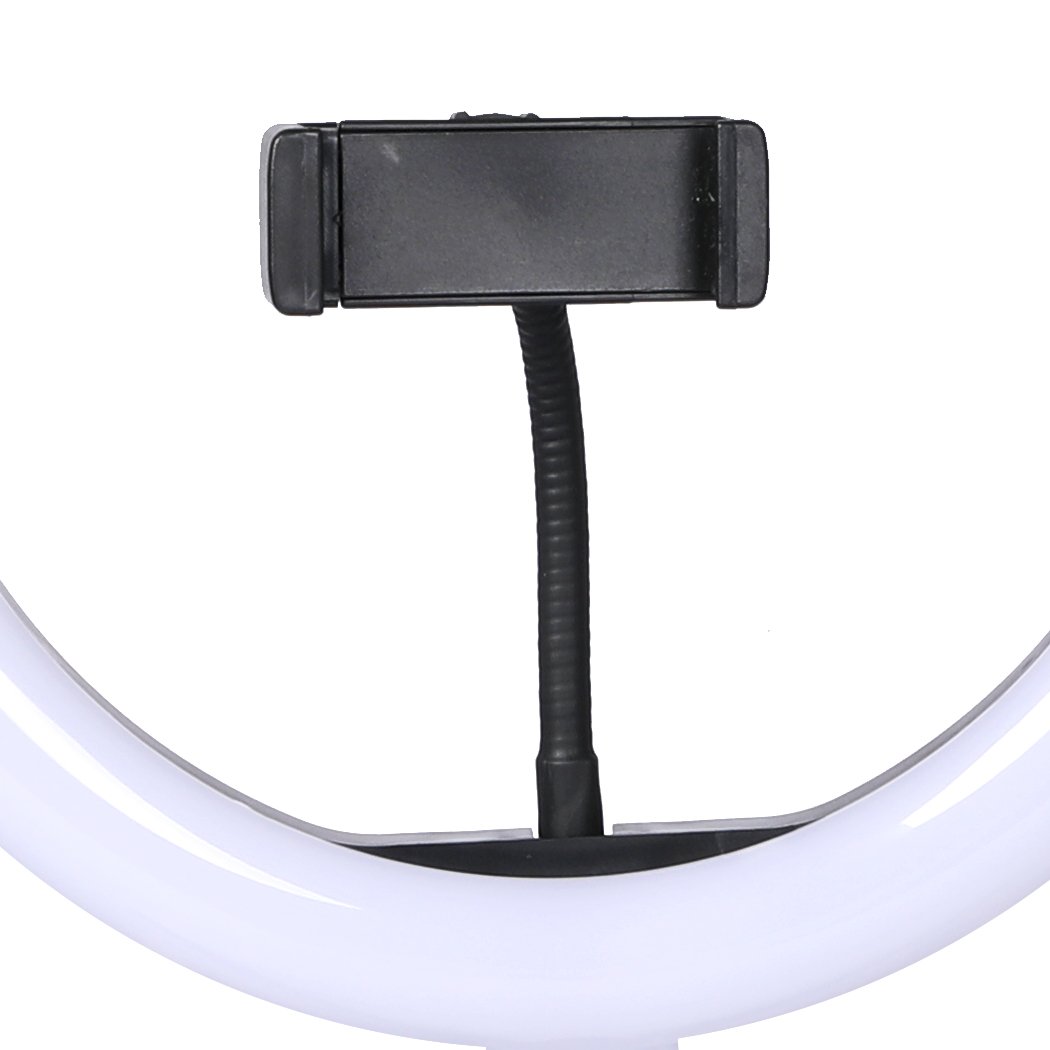 LED Ring Light with Tripod Stand and Phone Holder, showcasing adjustable brightness and color temperature for photography and video.